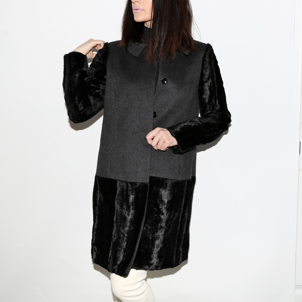 TIBI New York Grey Black Wool Faux Fur Coat